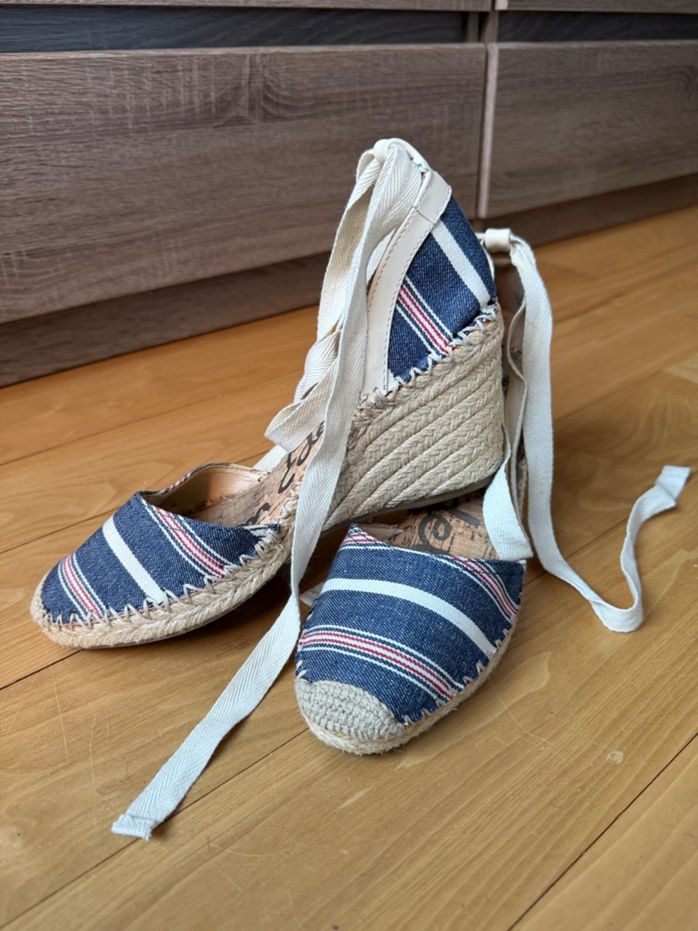 Sam Edelman Navy, Cream and Red Striped Espadrille Wedges